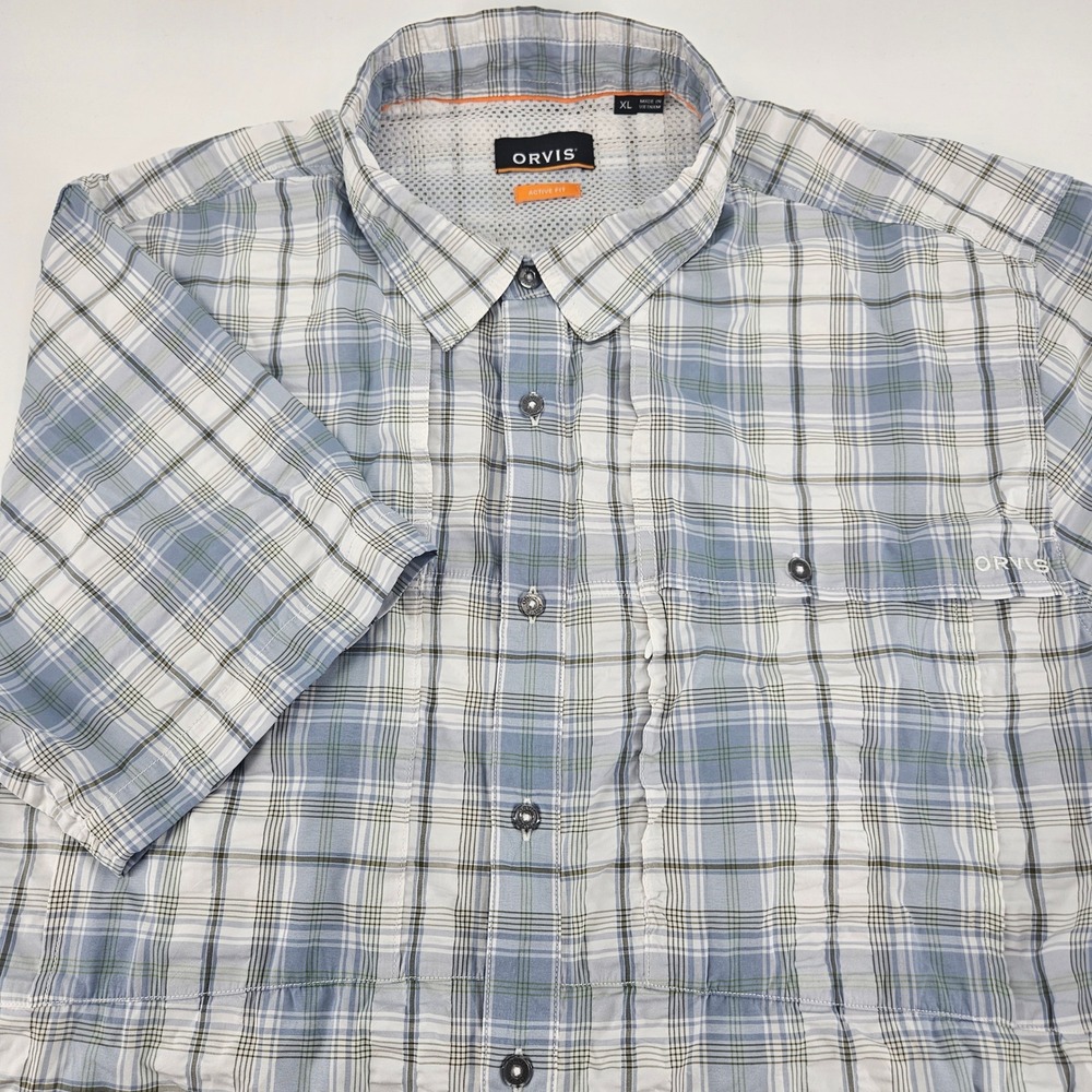 Orvis Mens XL Active Fit Plaid Short Sleeve Fishing Shirt Blue White RN 70534